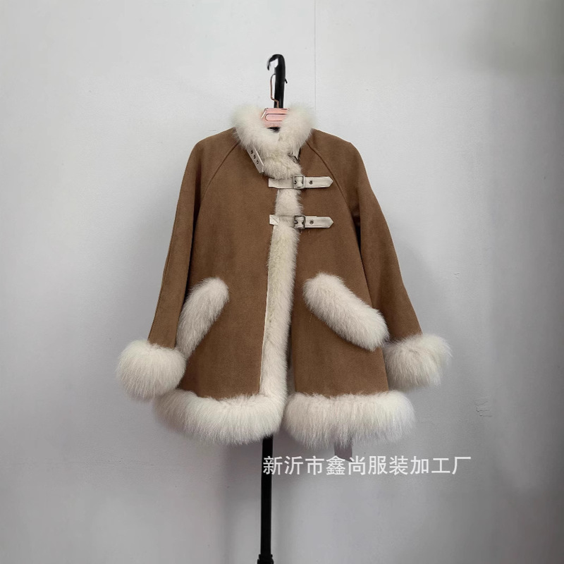 Suede 2024 new faux fox fur cape liner 90 white duck down jacket high sense coat
