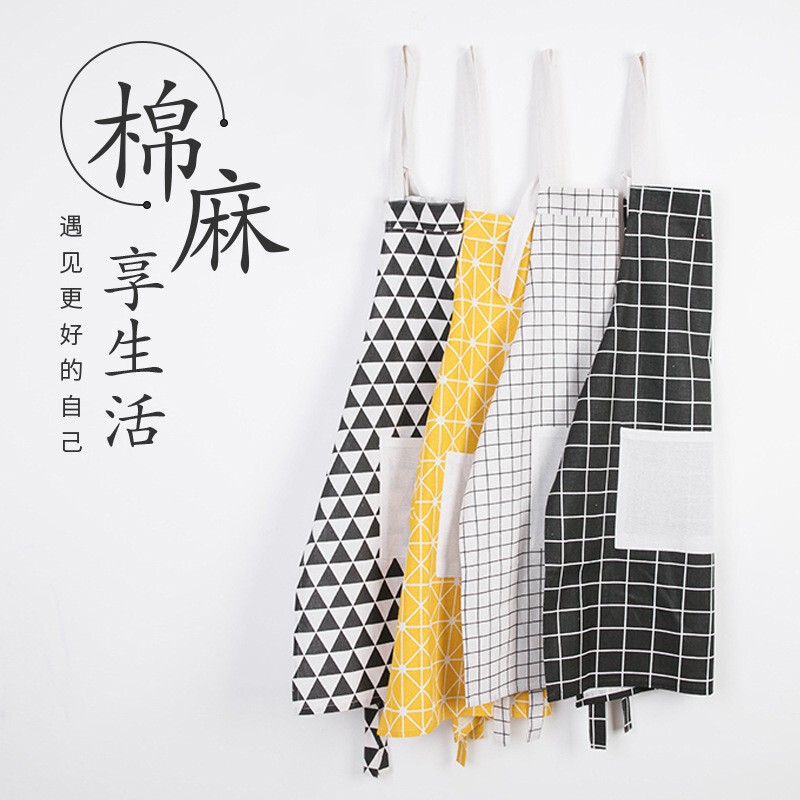 防污棉麻围裙时尚工作厨房韩版时尚围腰做饭防油挂脖可调围裙|undefined