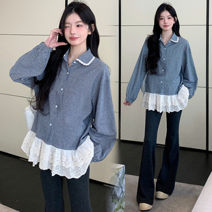 Pregnant Women's Fashion Korean All-match Spring Korean Sweet Lace Stitching Doll Collar Pregnant Mom Loose Plaid Shirt