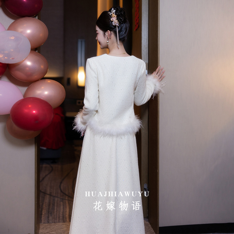 白の婚約ドレス2025新作花嫁結婚敬酒服小香風スーツスカート春夏高級感|undefined