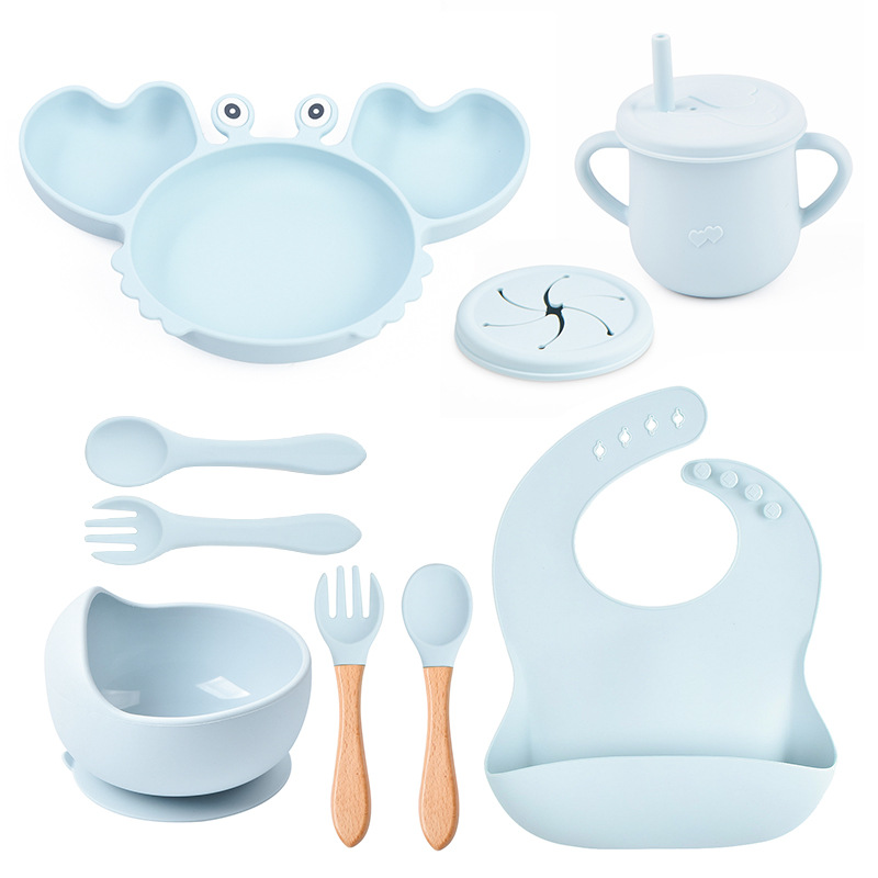 Set de vajilla para bebé de silicona de 9 piezas - Plato con forma de cangrejo, babero, plato dividido, cuchara, tenedor, taza
