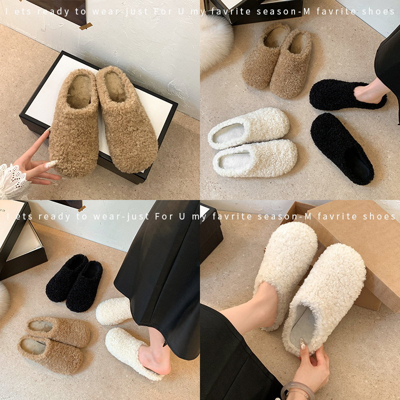 Retro Lamb Wool Plush Slippers for Women, 2026 Autumn/Winter New Style, Closed-Toe, Comfortable Slip-On Cotton Slippers