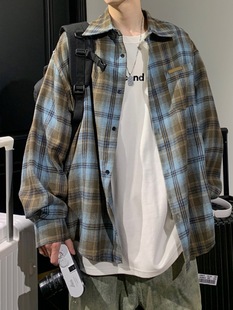 [美式复古撞色格子长袖衬衫男2024春秋季新款潮牌百搭宽松衬衣外套]