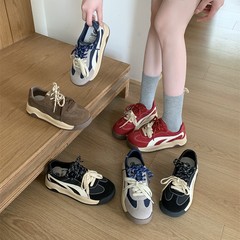 首谷咖啡色圆头厚底板鞋女2025新款秋季真皮增高阿甘鞋百搭德训鞋