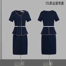 连衣裙工装酒店前台房地产工作服气质OL显瘦销售V领假两件夏批发