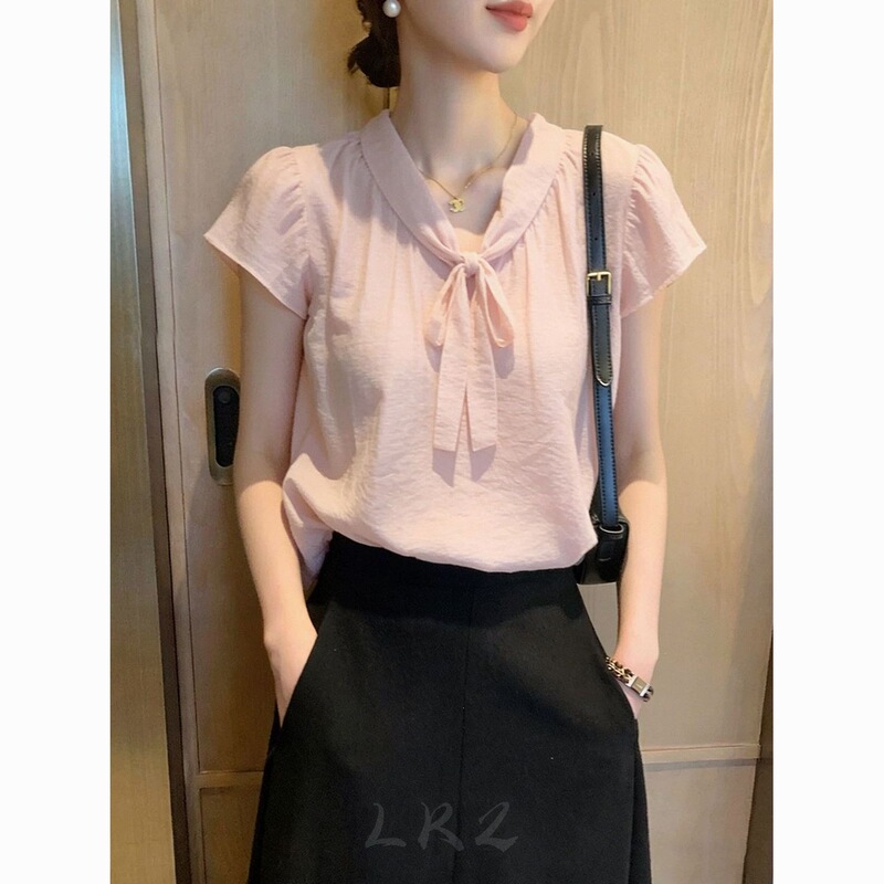 Pink Short-Sleeved Shirt for Women, New Summer Design, Niche French Style Lace-Up Design Pullover Top for Women