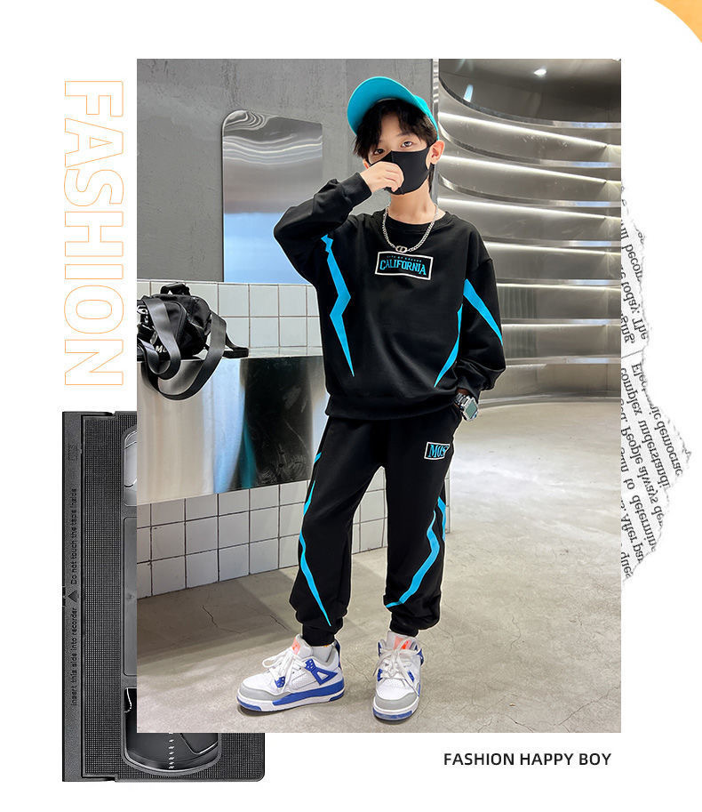 416g Weight Streetwear Letter Color Block Lightning Cotton Boys Clothing Sets