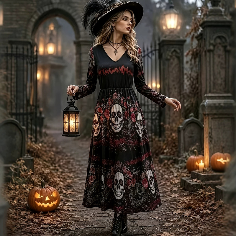 Halloween long dress with A-line silhouette, elastic waistband, ruched detailing, skull print, and bohemian party style