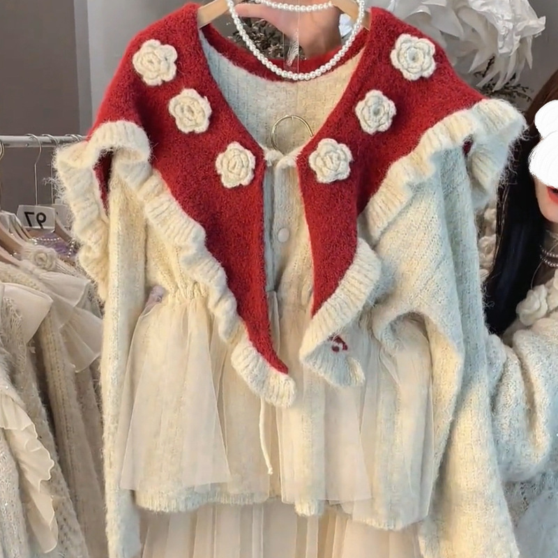 French Stereo Flower Navy Collar Knitted Cardigan Waist Slimming Look Sweater Jacket 2025 Autumn and Winter Plus Size Women's Clothing