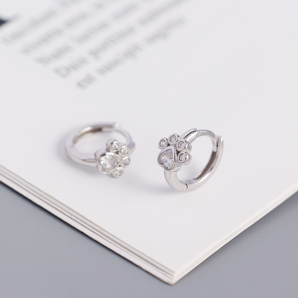 All Seasons Season Women'S Gender Polished Finish 1 Pair 925 Sterling Silver Zircon Paw Print Hoop Earrings