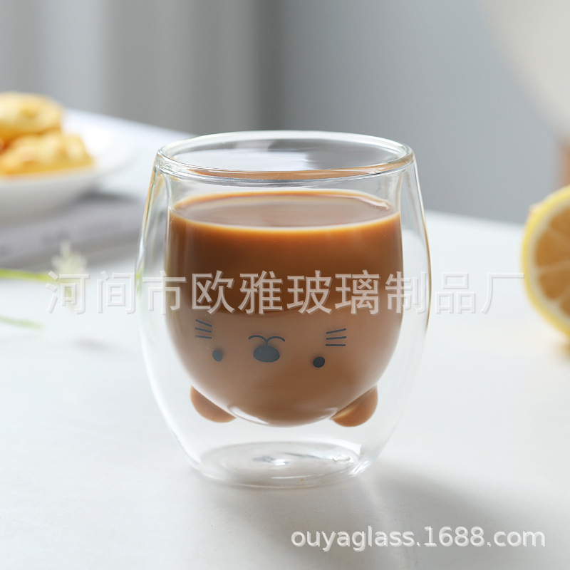 Vidrio de dibujos animados marca leche jugo oso doble capa taza de café borosilicato colorido lindo hogar taza de té