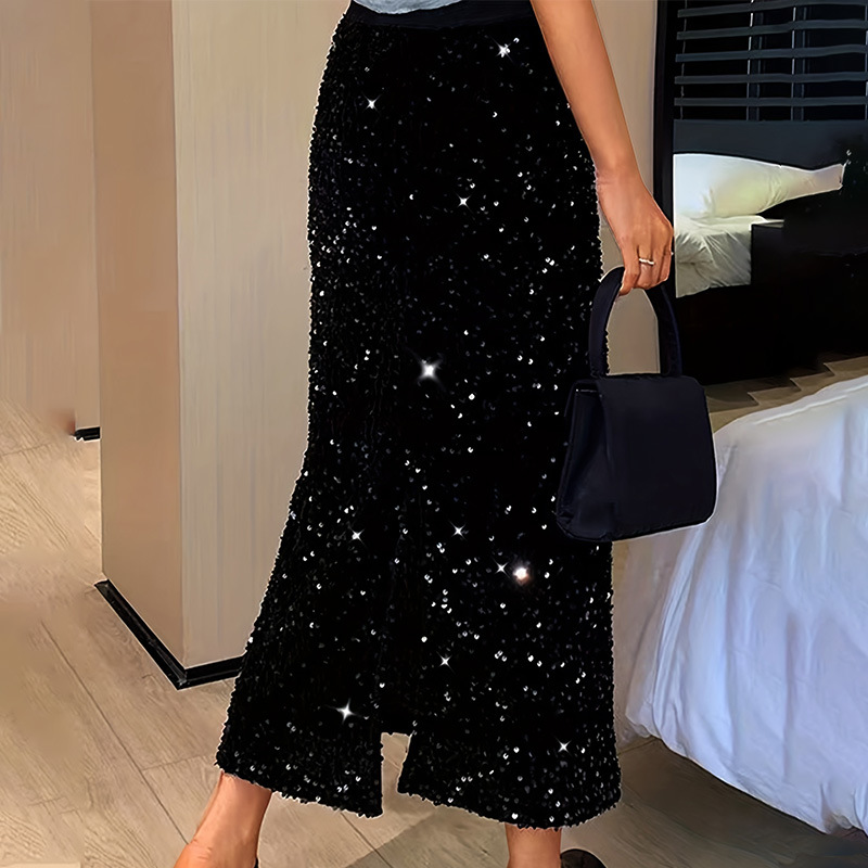 Gonna dritta comoda casual aderente midi in maglia con paillettes elegante GraceChic_voghion.com