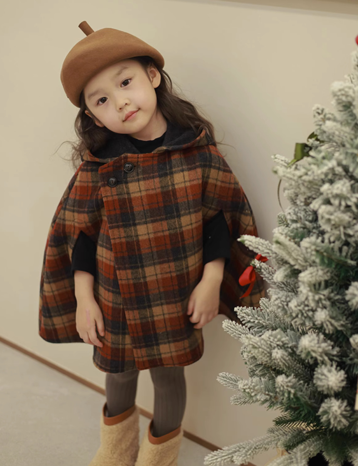 Kinderkleidung Mädchen Herbst und Winter neue Kinder spitzer Hut karierter Baumwollclip dicker Wollmantelumhang_voghion.com