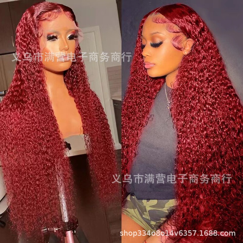 Front lace wig wine red 4 x4 curly water wig human hair factory in stock generation hair