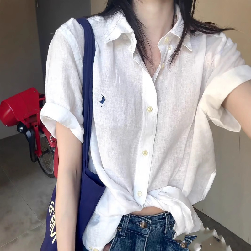 High-Quality In-Stock Rl Laffy Pony Logo Linen Short-Sleeve Shirt with a Turn-Down Collar, Elegant Short-Sleeve Blouse for Women High-Quality In-Stock Rl Laffy Pony Logo Linen Short-Sleeve Shirt with a Turn-Down Collar, Elegant Short-Sleeve Blouse for Women