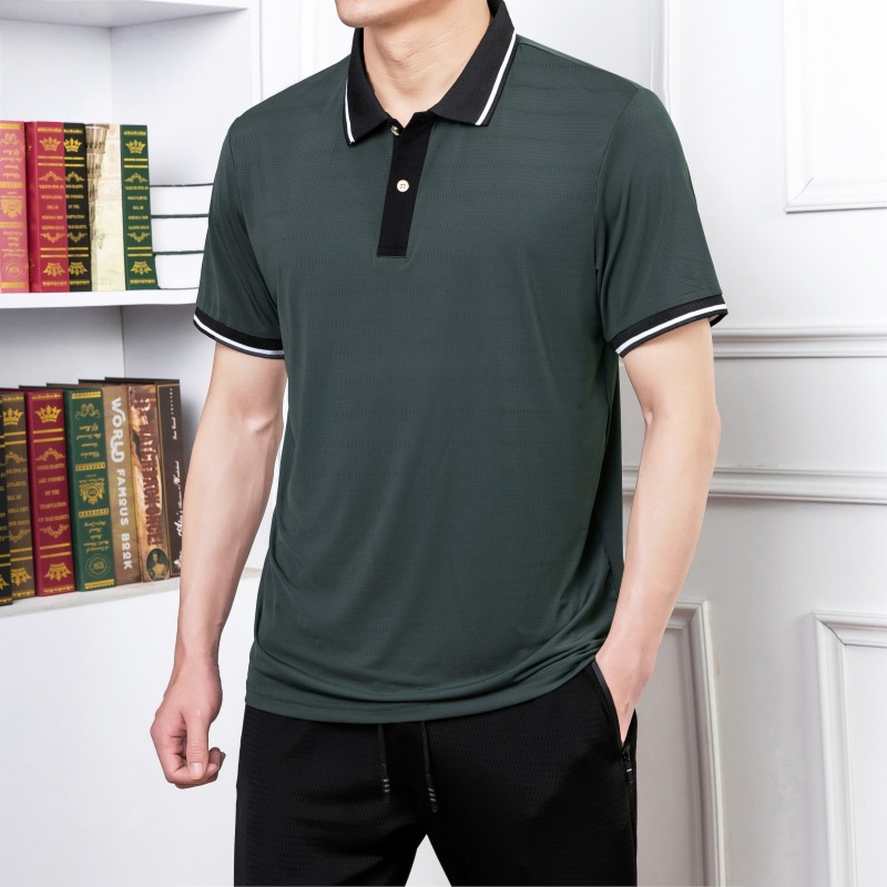 Verano delgado seda de hielo de manga corta polo camiseta hombre de mediana edad camiseta de secado rápido papá moda casual media manga al por mayor