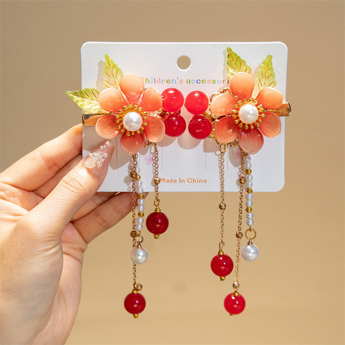 Children's Hanfu Headwear Fairy-like Silk Flower Hair Clip Glazed Leaf Ancient Style Hair Accessories Chinese Style Girls' Performance Ancient Costume Accessories