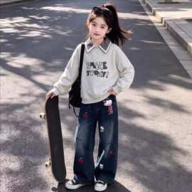 中大童学院风女童格纹撞色翻领卫衣春秋季卡通可爱牛仔裤子套装潮