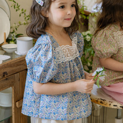 2024 Summer Strawberry San Korean Girls' Children Floral Retro Lace Puffed Sleeve Short-Sleeve Shirt Pre-sale