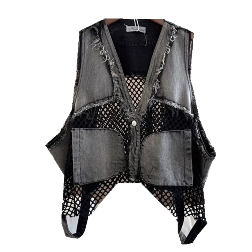 Productos europeos American Street Cowboy Chaleco Mujer 2025 Primavera y otoño Nuevo estilo Diseño de costura de malla Chaleco corto Top Tendencia