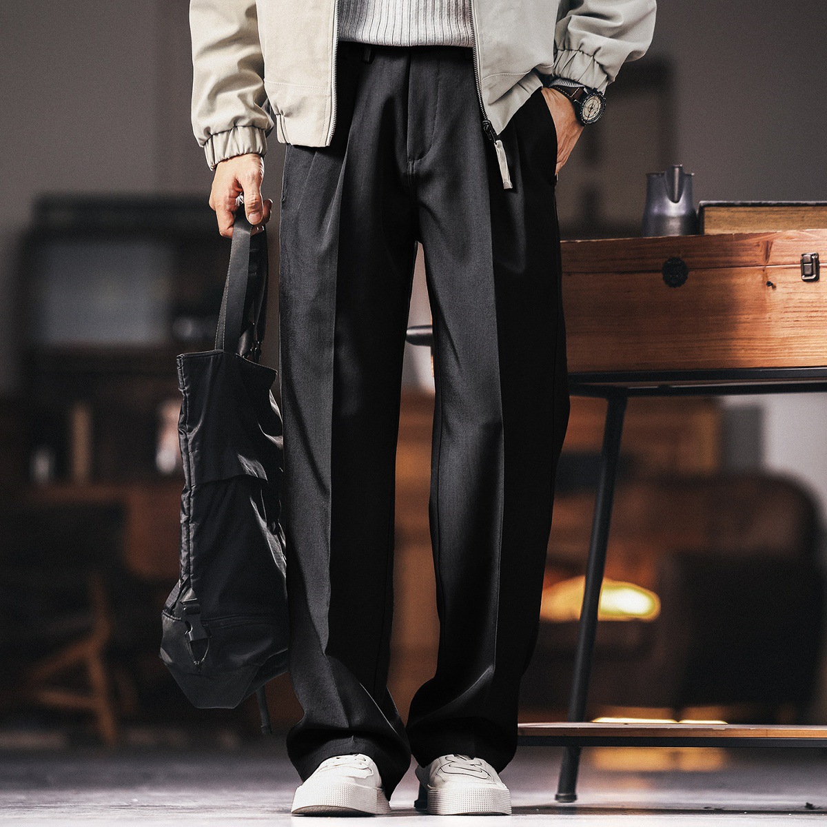 Hot high-end colgante sensación anti-arrugas pantalones rectos para hombres sueltos 2025 otoño pantalones largos casuales de piernas anchas