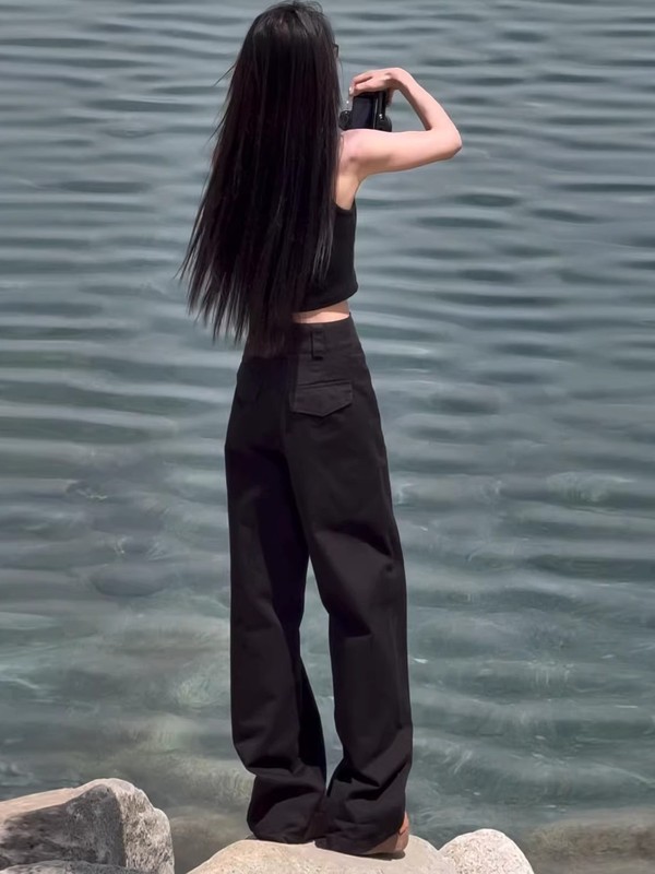 美式工装阔腿裤女大码胖mm宽松显瘦高腰窄版直筒西装裤子|undefined