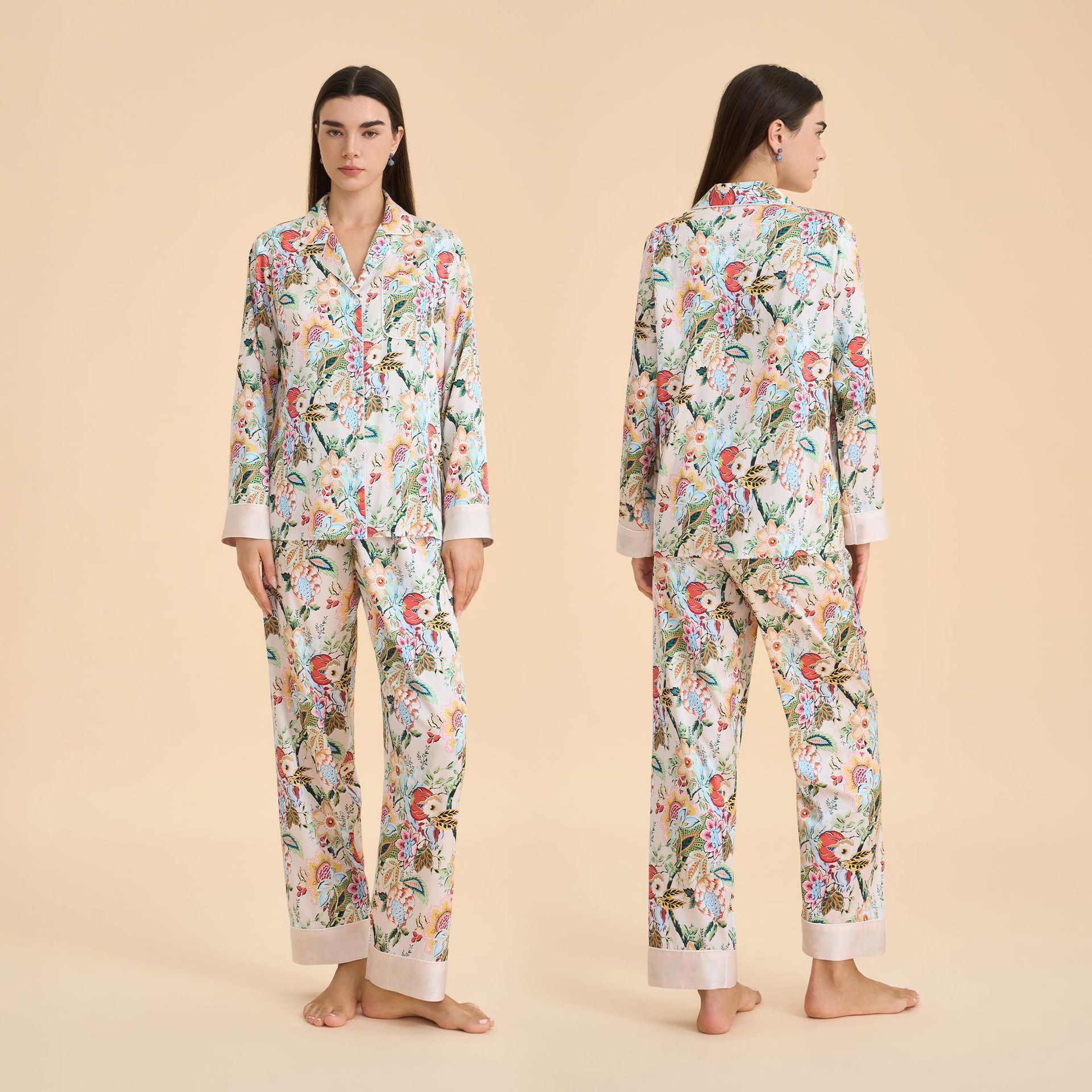 Pijama floral elegante de primavera y otoño para mujeres pantalones de manga larga con solapa delgada ropa casera casual y cómoda TZ4001