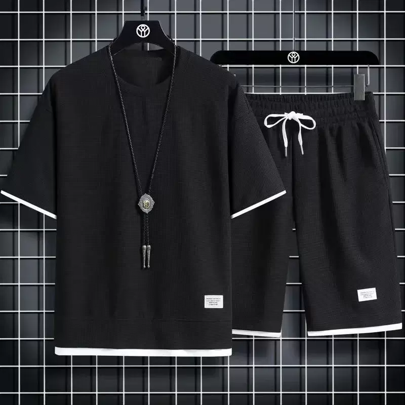厂家批发2026新款夏华夫格百搭T恤套装男双色拼时尚休闲运动套装