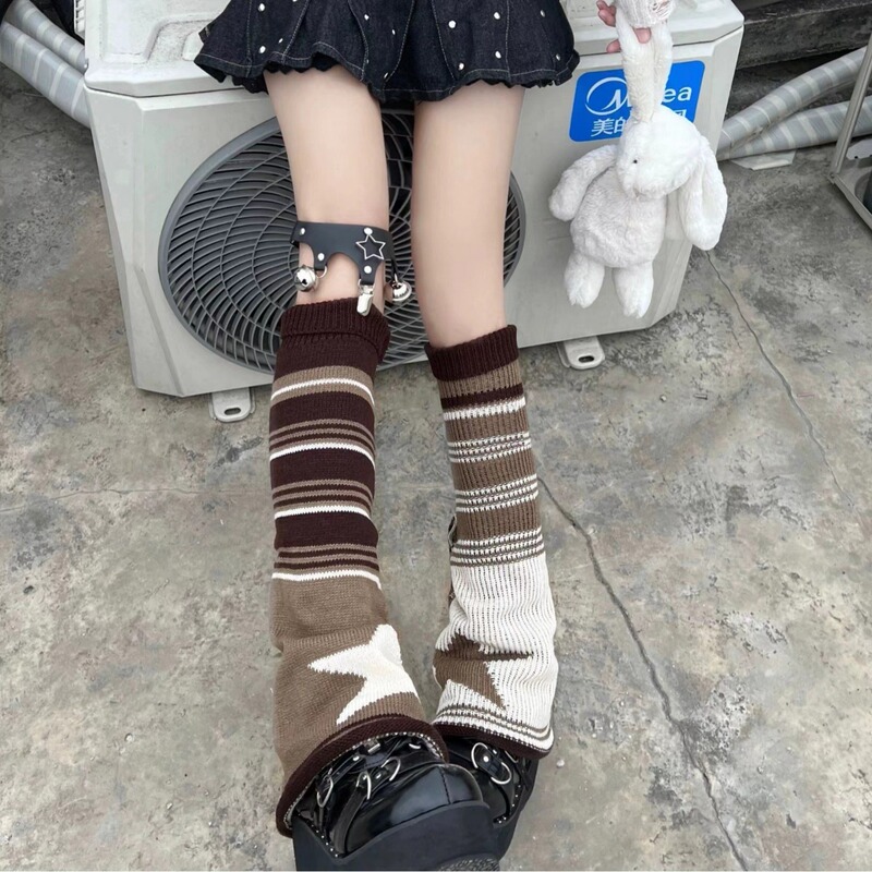 Five-pointed star asymmetric socks knitted striped Y2K style wide leg socks JK girl Lolita dress socks