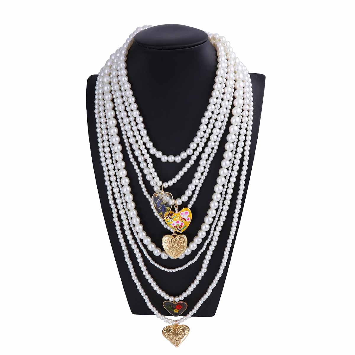 Women's Gender Women's Imitation Pearl Zinc Alloy Beaded Chain Heart Shape Flower Layered Necklaces Imitation Pearl Jewelry