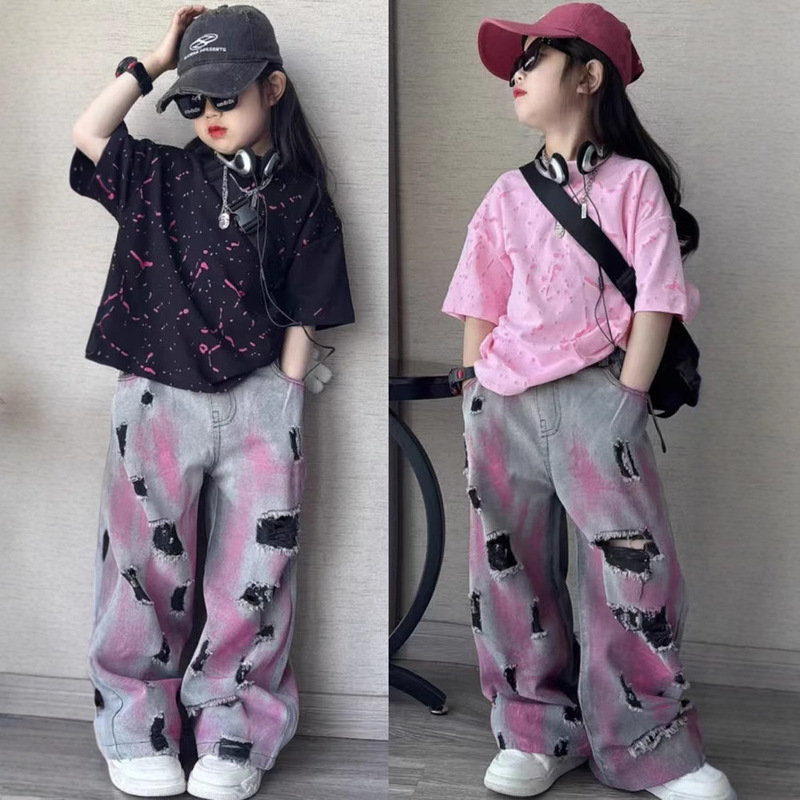 Girls' Summer Trendy Cool Design Sense Crack Loose Short-sleeved Distinctive Denim Wide-leg Pants Hip-hop suit Girls' Summer Trendy Cool Design Sense Crack Loose Short-sleeved Distinctive Denim Wide-leg Pants Hip-hop suit