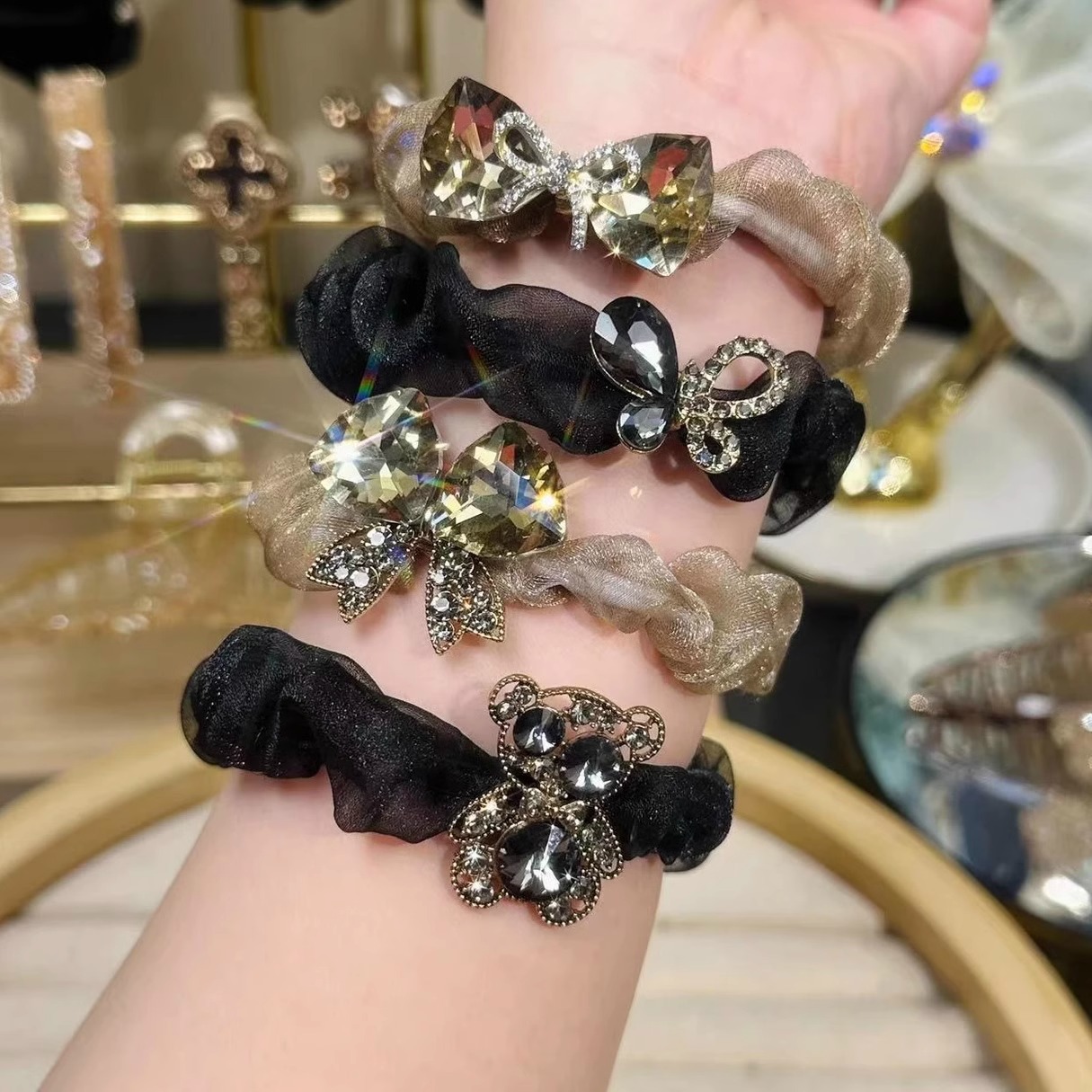 Eugen filato strass intestino tenue fascia per capelli coda di cavallo elastico alto elastico per capelli corda per capelli filato a rete fiocco incastonato di diamanti set di corde per capelli_voghion.com