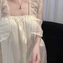 法式甜美吊带睡裙女夏季蕾丝花边方领凉感冰丝连衣裙可外穿家居服