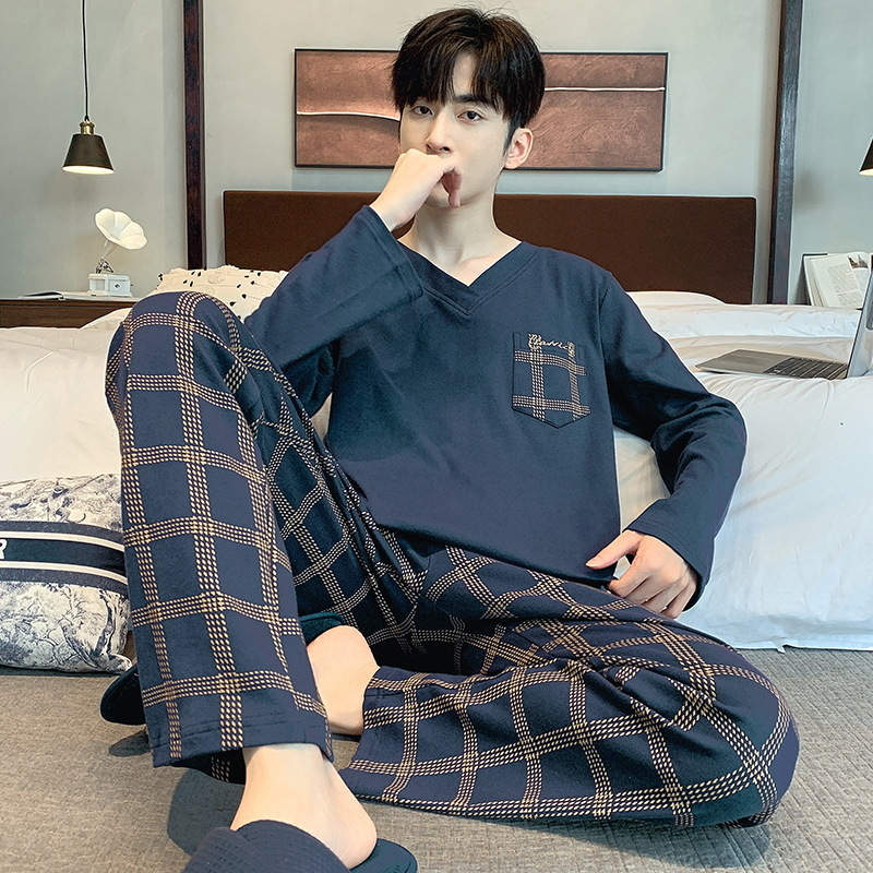 Primavera y otoño pijamas de hombre pantalones de mangas largas de otoño y invierno algodón suelto ropa casera juvenil