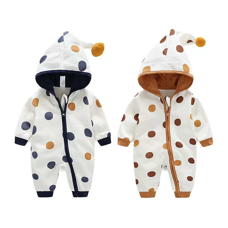 婴儿秋冬装新生儿连体衣服圆点印花连帽双层哈衣批发宝宝衣服ins