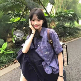 夏季外穿短袖衬衫女宽松百搭显瘦情侣衬衣蓝色格纹男友风格子上衣
