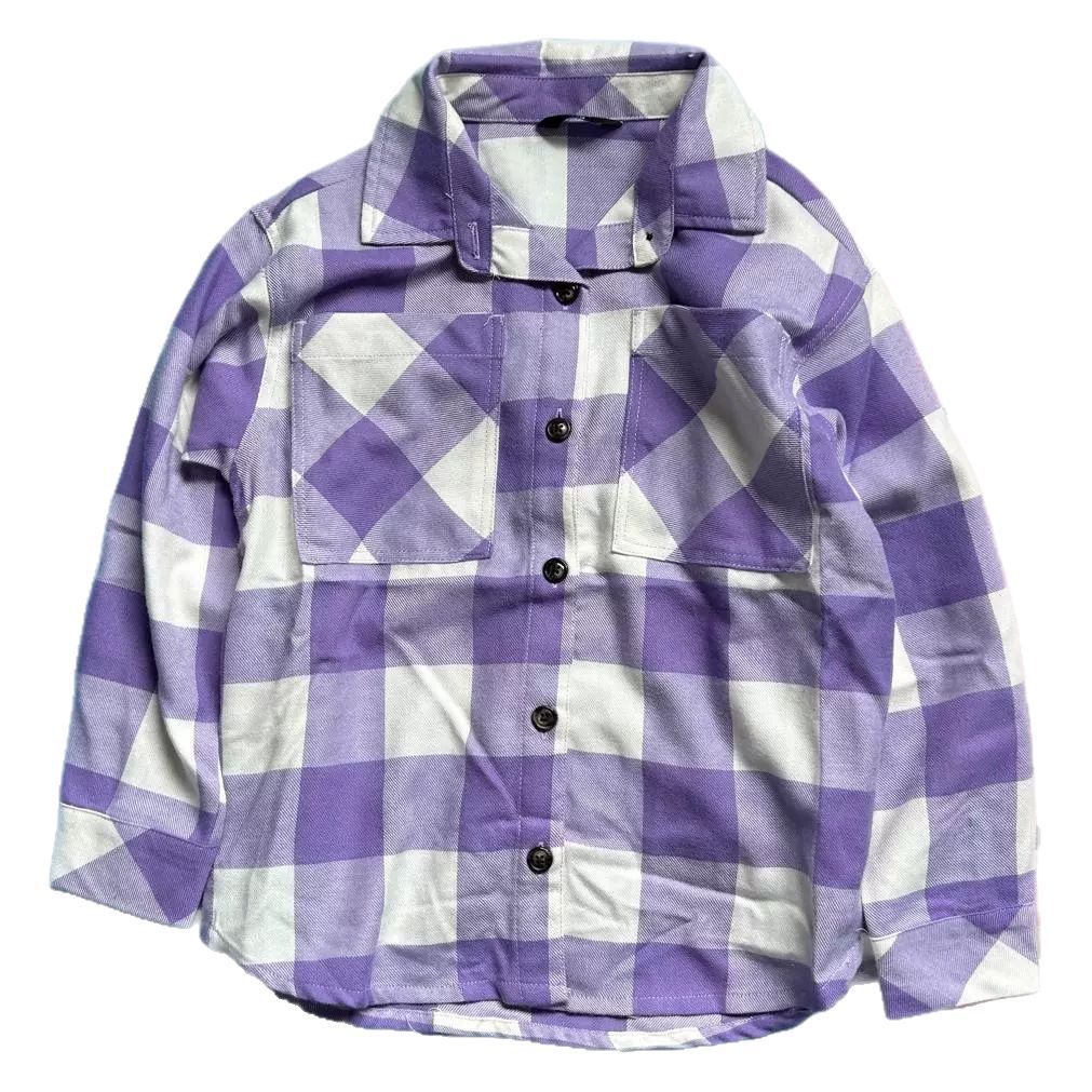 2025 camisa de algodón a placas de tamaño mediano para niños y niñas camisa de manga larga con solapa de tela de tela de primavera y otoño comercio exterior