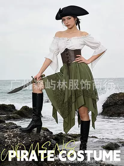 European and American New Halloween Outfits: Pirate Renaissance Off-Shoulder Top, Pointed Lace Pirate Skirt
