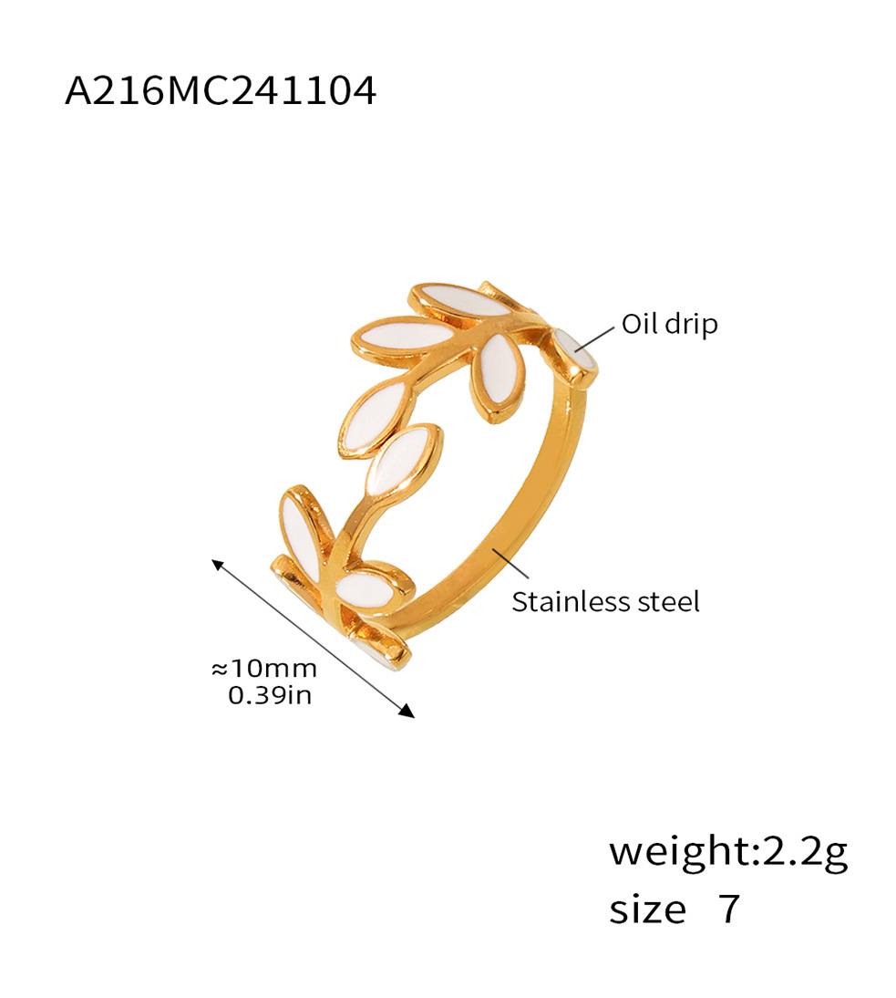 Bague carrée personnalisée en acier inoxydable PVD, motif goutte d'huile et feuille, finition sous vide, anneau ouvert._voghion.com