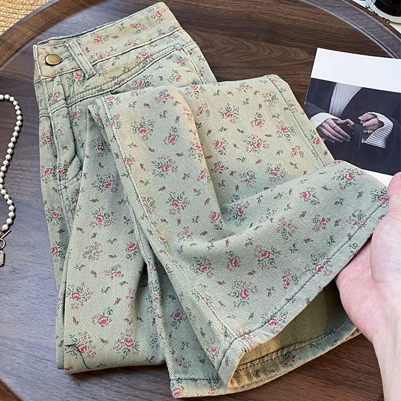 American Early Autumn Floral Retro Straight Jeans for Women New Design High Waist Loose Casual Wide Leg Pants Trendy