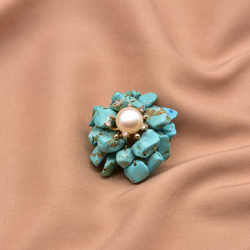 Natural perla broche imitación turquesa vintage ramillete creativo hecho a mano de alta gama pin temperamento joyería regalo al por mayor