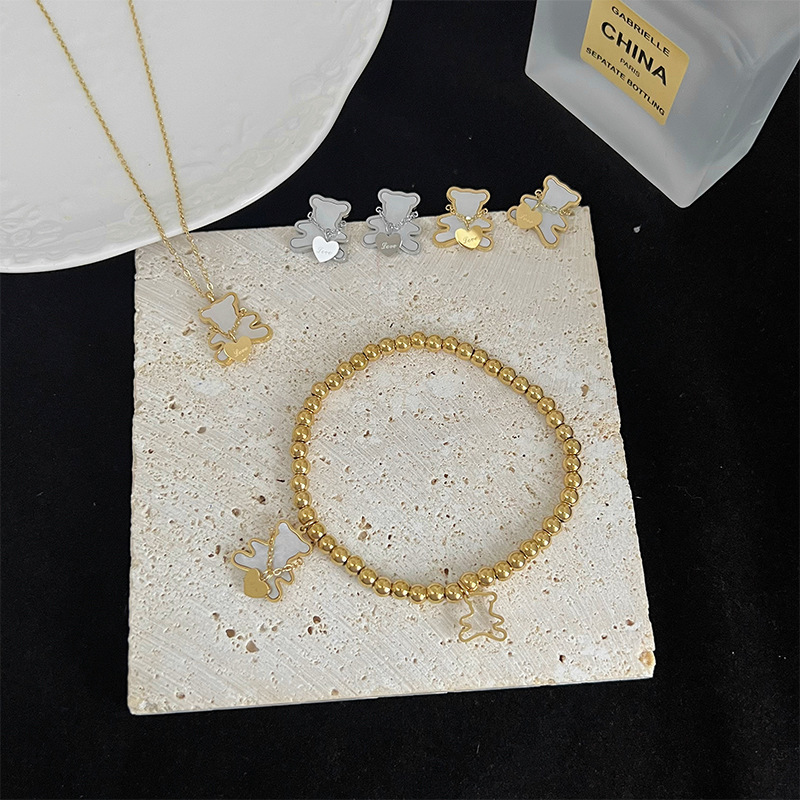 Womenu0027S Sweet Bear Stainless Steel Bracelets Ear Studs Necklace Mother pearl shellfish Jewelry S