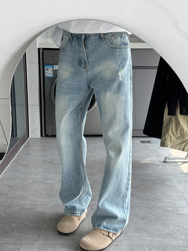 American High Street Vibe Light Blue Denim Jeans Men's Spring Fall New Washed Straight Loose Wide Leg Pants