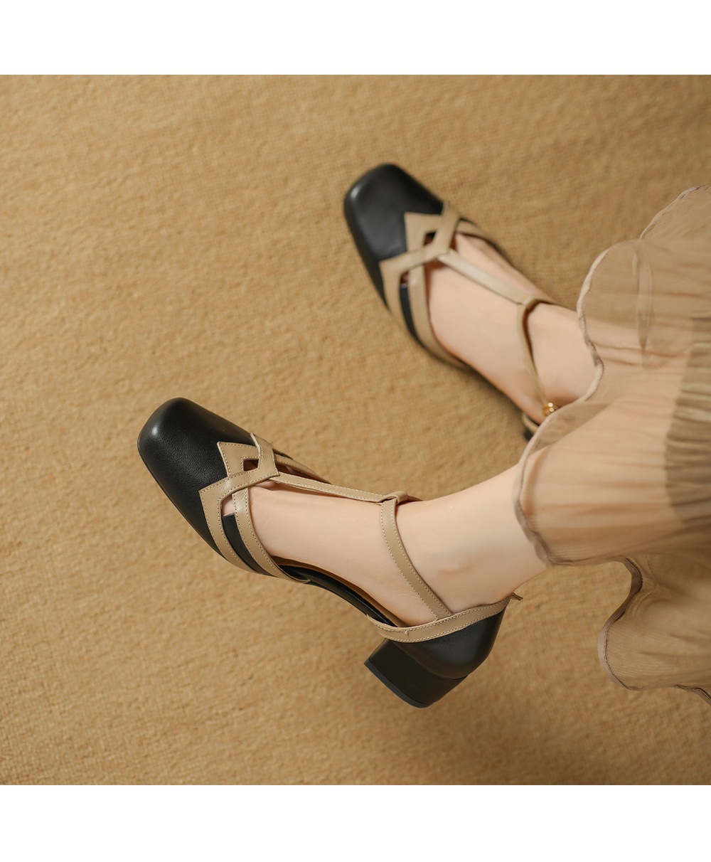Sandal nữ mũi nhọn quai chữ T gót vuông cổ điển phối màu da bò — đen chi tiết 9
