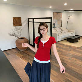 大码胖妹妹甜辣妹假两件蕾丝波点正肩短袖T恤高级感修身上衣