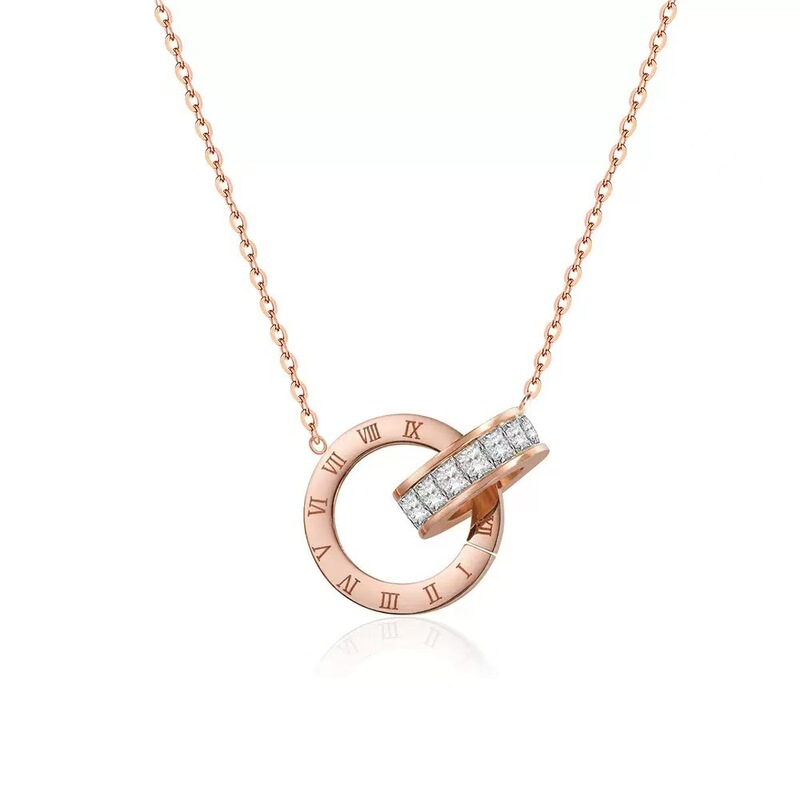 Hot-Selling Titanium Steel Roman Double Ring Necklace 18K Non-Fading Rose Gold Necklace Live Broadcast Same Style Factory Wholesale