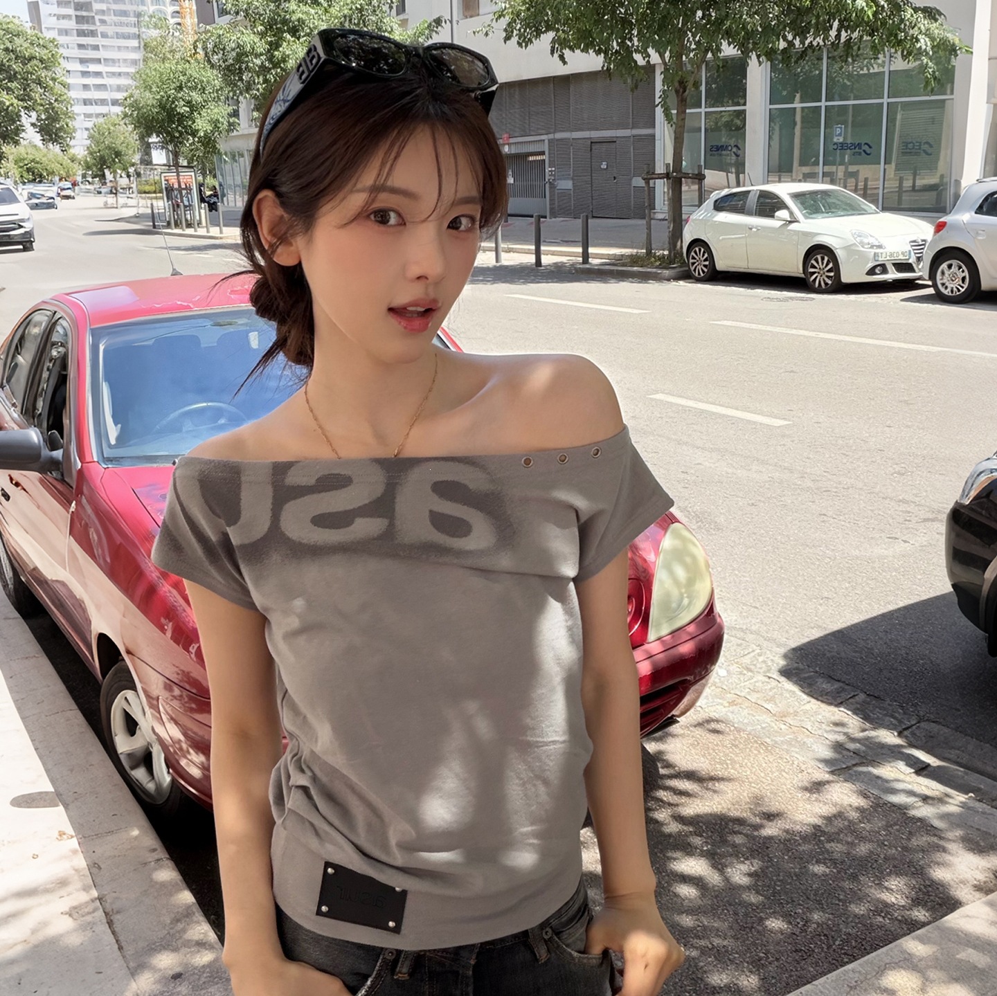 2026 European and American Summer New Style Simple Gradient Print Slim-Fit Short-Sleeve T-Shirt Trendy Top for Women with a Slimming Design