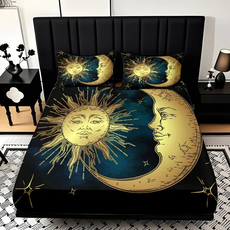 TEMU / JIT Transfronterizo Sol, Luna, Estrella y Río Patrón Temático 3D Impresión Digital Cama Kasama Kit de ropa de cama