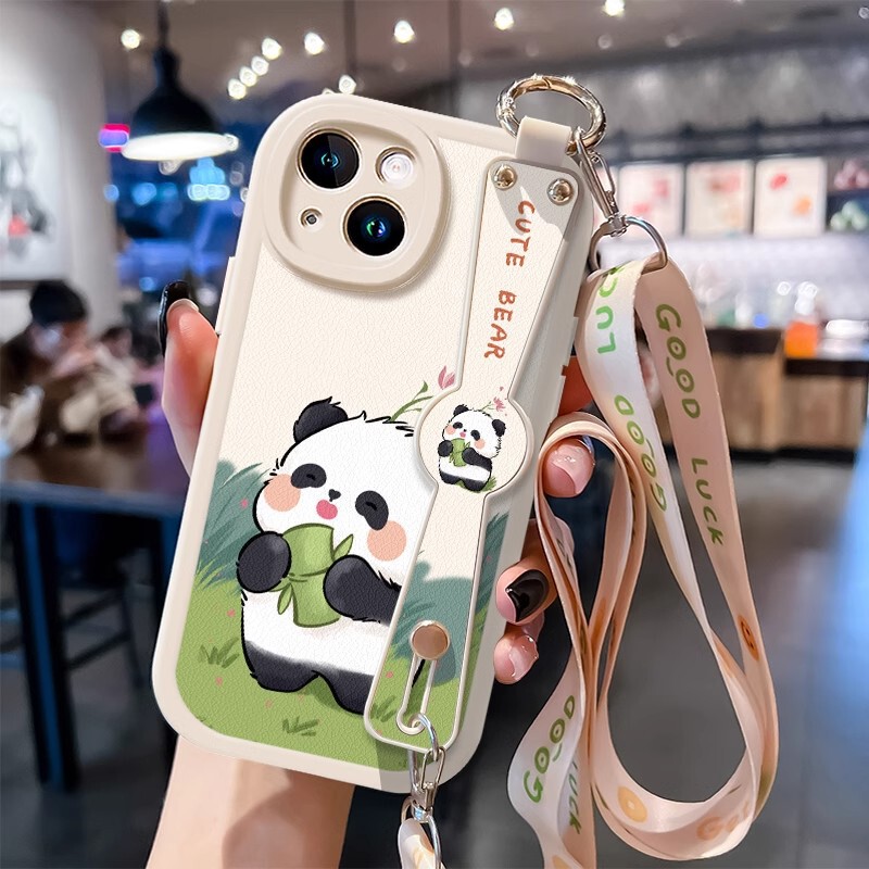 Panda Apple 15Pro Crossbody Phone Case for 14-Hanging Neck All-Covering iphone13 Backable Lambskin Drop-Resistant XS Soft 8