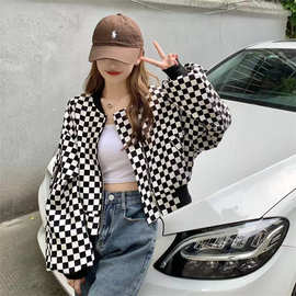 短款外套女学院风复古棋盘格学生秋季2025新款小众棒球服宽松上衣